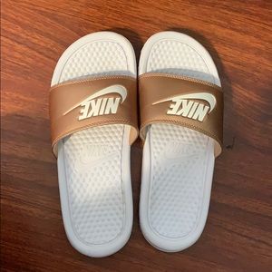 Nike rose gold and white slides